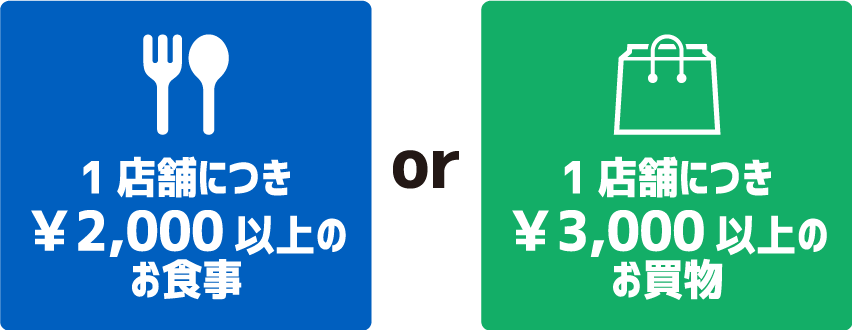 1店舗につき二千円以上のお食事か1店舗につき三千円以上のお買物